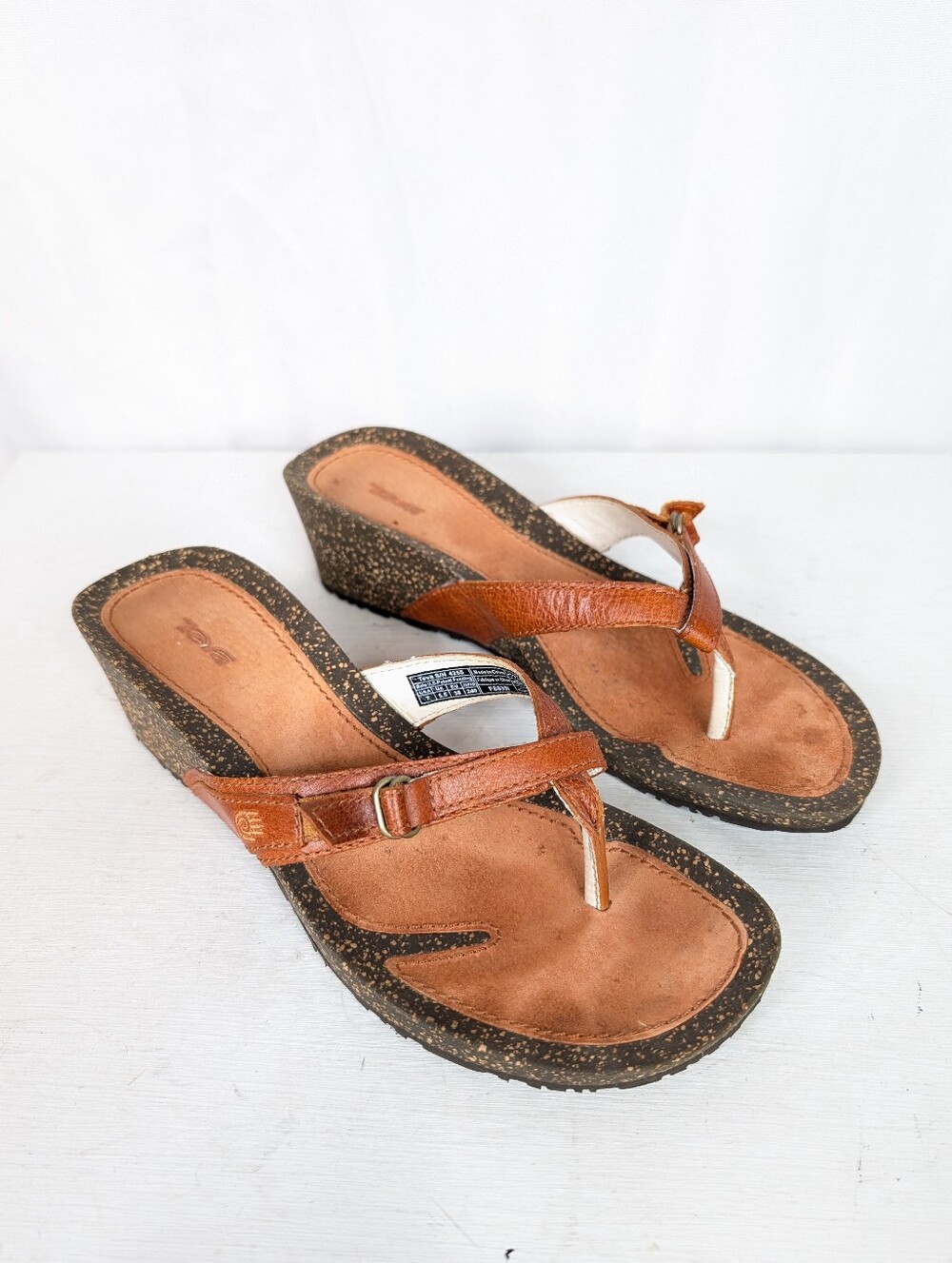 Teva Ventura Cognac Leather Toe Post Wedge Heel Sandals - Size 7